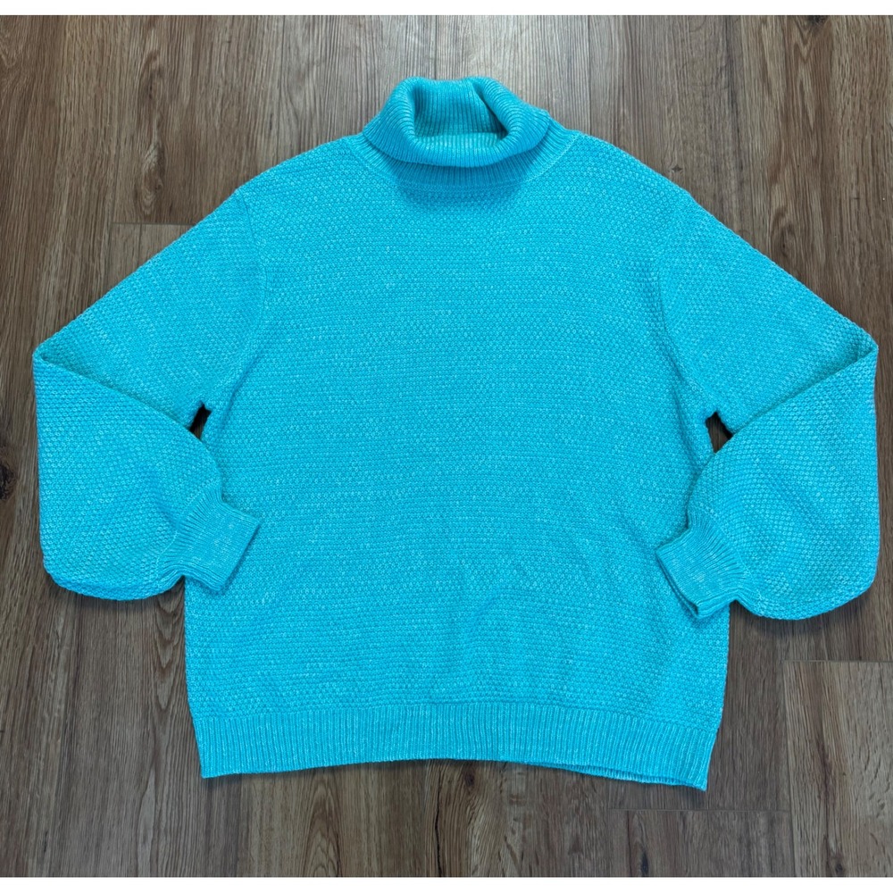 Zenana Womens XL Turquoise Blue Turtleneck Balloon Sleeve Knit Sweater TW-21051